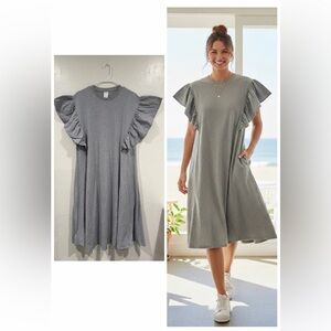 Kowtow Gray Organic Cotton Relaxed Fit Jersey A-line Ruffle Sleeves Dress size S
